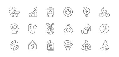 Çevre dostu kavram. Ekoloji ve çevre çizgisi simgesi ayarlandı. Yeşil enerji, geri dönüşüm ve koruma sembolleri