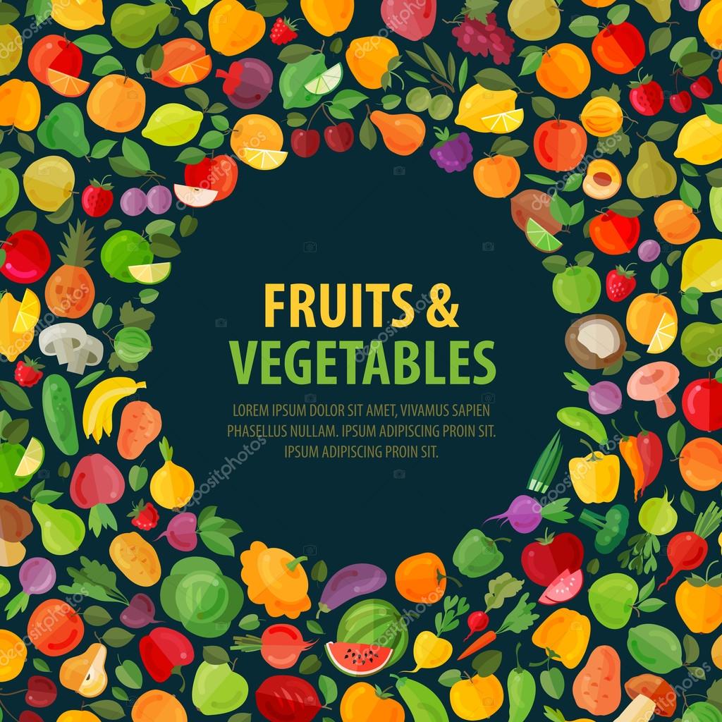 Fresh fruits and vegetables on a dark background. vector illustration