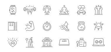 Sağlıklı yaşam tarzı, ağırlık çalışması, vücut bakımı ve egzersiz konsepti. Spor salonu ve spor salonu ikonu seti. Spor sembolleri ve tabelaları