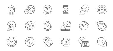 Kronometre, zamanlayıcı, doğrusal sembollere dikkat et. Zaman ve saat simgeleri aynı hizada. Vektör illüstrasyonu