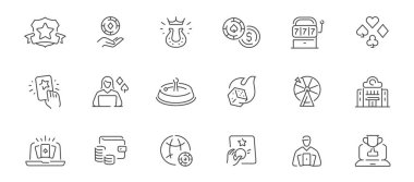 Kumar ikonları doğrusal olarak dizilmiş. Kumarhane kavramı. Poker, kumar makineleri, rulet, zar oyunu unsurları. Vektör illüstrasyonu