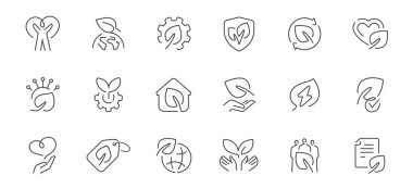 Sürdürülebilirlik çizgisi simgeleri ayarlandı. Yenilenebilir enerji, geri dönüşüm, yeşil teknoloji, çevre koruma sembolleri