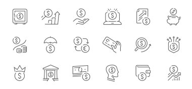 Yatırım, ödeme, mali büyüme, tasarruf ve güvenlik kavramlarını içeren finans ve bankacılık çizgisi simgesi