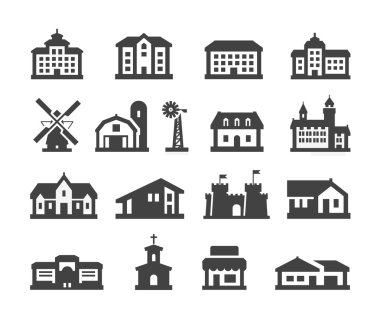 ev Icons set. koleksiyon öğeleri otel, gayrimenkul, okul, kale, Saray, kilise, mağaza, Alışveriş Merkezi, sinema, ev, çiftlik, kampüs