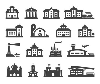 ev Icons set. koleksiyon öğeleri kale, çiftlik, üniversite, otobüs terminali, tren istasyonu, Havaalanı, kale, kilise, fabrika, banka, konak, otel, ahır, inşaat, Emlak