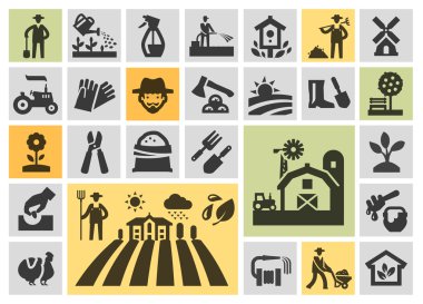 çiftlik Icons set. koleksiyon öğeleri üretici, bahçıvan, alan, tatlım, bitki, hasat, ahır, traktör, ağaç, tavuk, sulama olabilir, kuş yuvası, yel değirmeni, balta, çiftçi, bahçe hortumu, tezgah, torba yem, flo