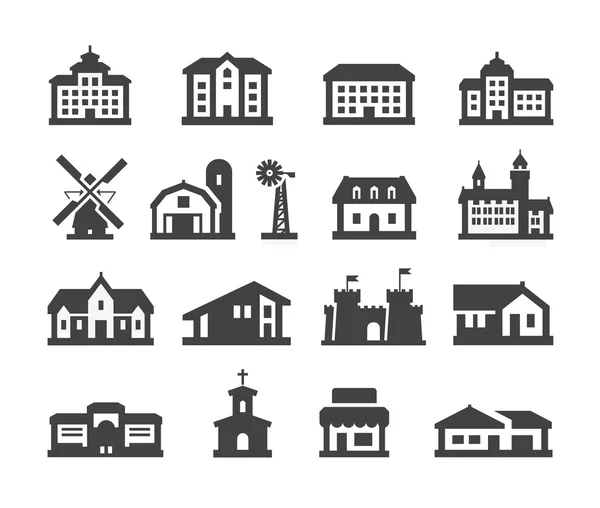 Huis pictogrammen instellen. collectie elementen hotel, onroerend goed, school, kasteel, Paleis, kerk, winkel, shopping mall, bioscoop, huis, boerderij, campus — Stockvector