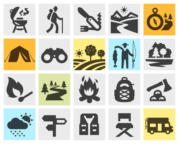 Caminhadas ícones pretos definido. viagem, passeio a pé ou expedição, sinais de acampamento e símbolos —  Vetores de Stock