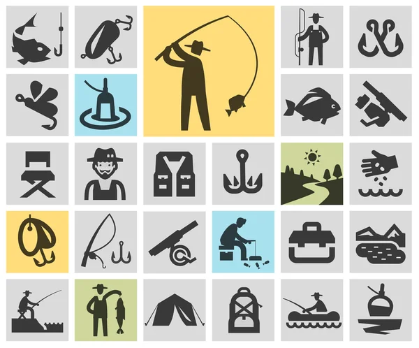 Conjunto de pesca iconos negros. signos y símbolos — Vector de stock