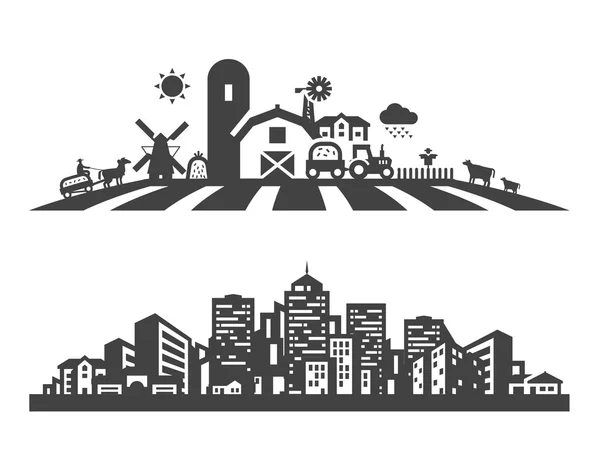 Bauernhof und Stadt Vektor Logo Design-Vorlage. Gartenarbeit, Gartenbau oder Landbesitz, Bauwesen, Bausymbole — Stockvektor