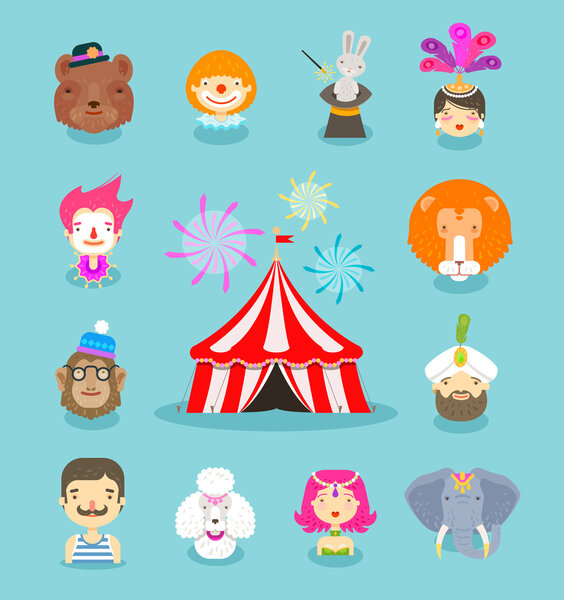 Circus icons set. Collection of elements of clown, circus animals, circus tent and others