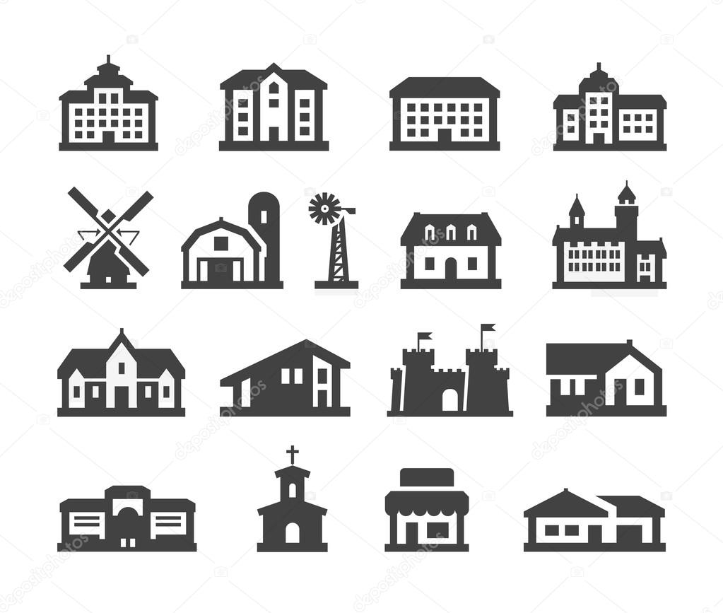 house icons set. collection elements hotel, real estate, school, castle, palace, church, store, shopping mall, cinema, home, farm, campus