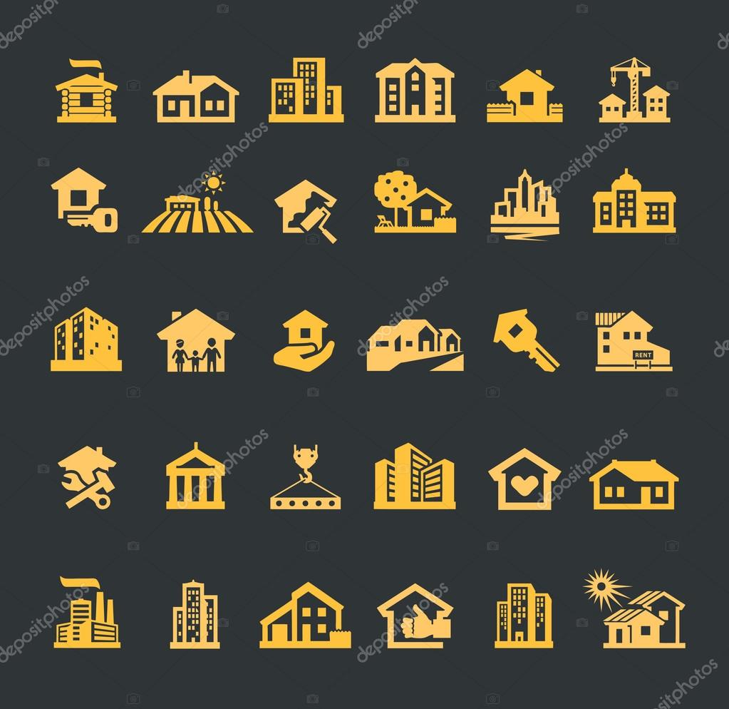 Building. Set of icons on a black background. vector illustration