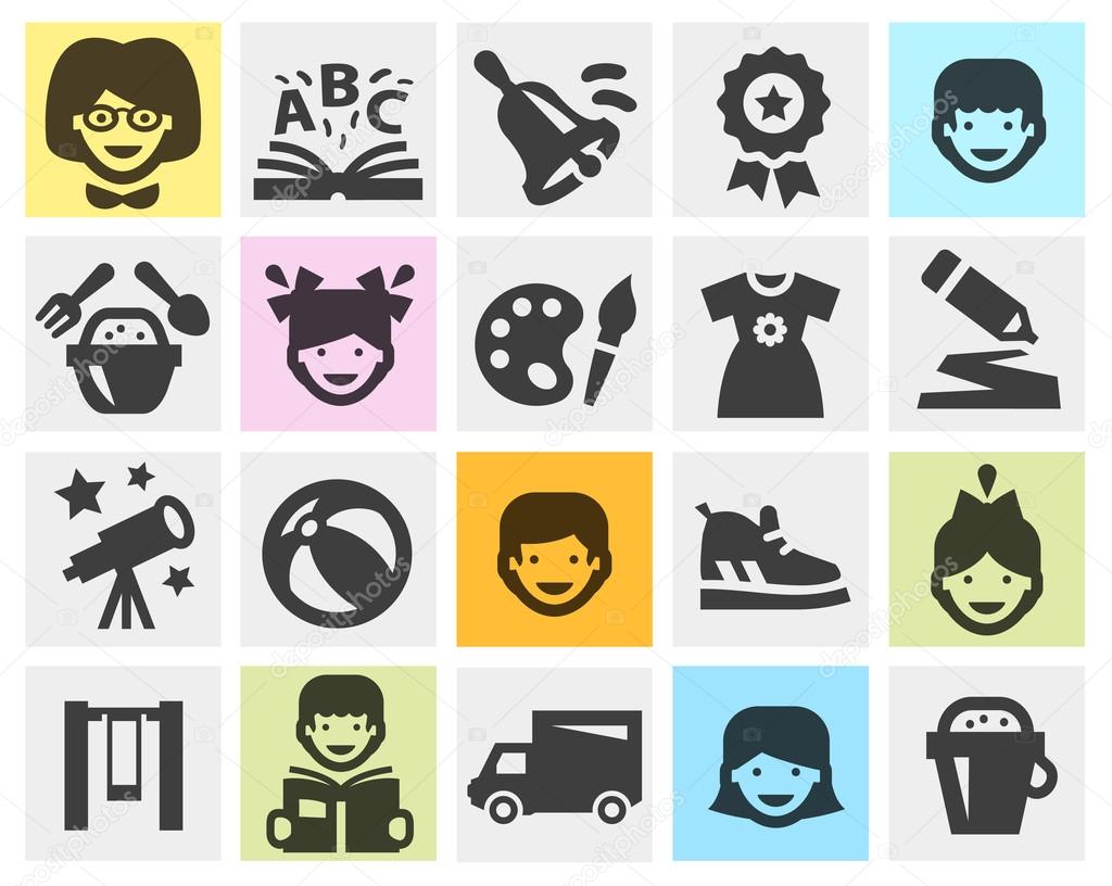 Kindergarten, school set black icons. signs and symbols Stock Vector