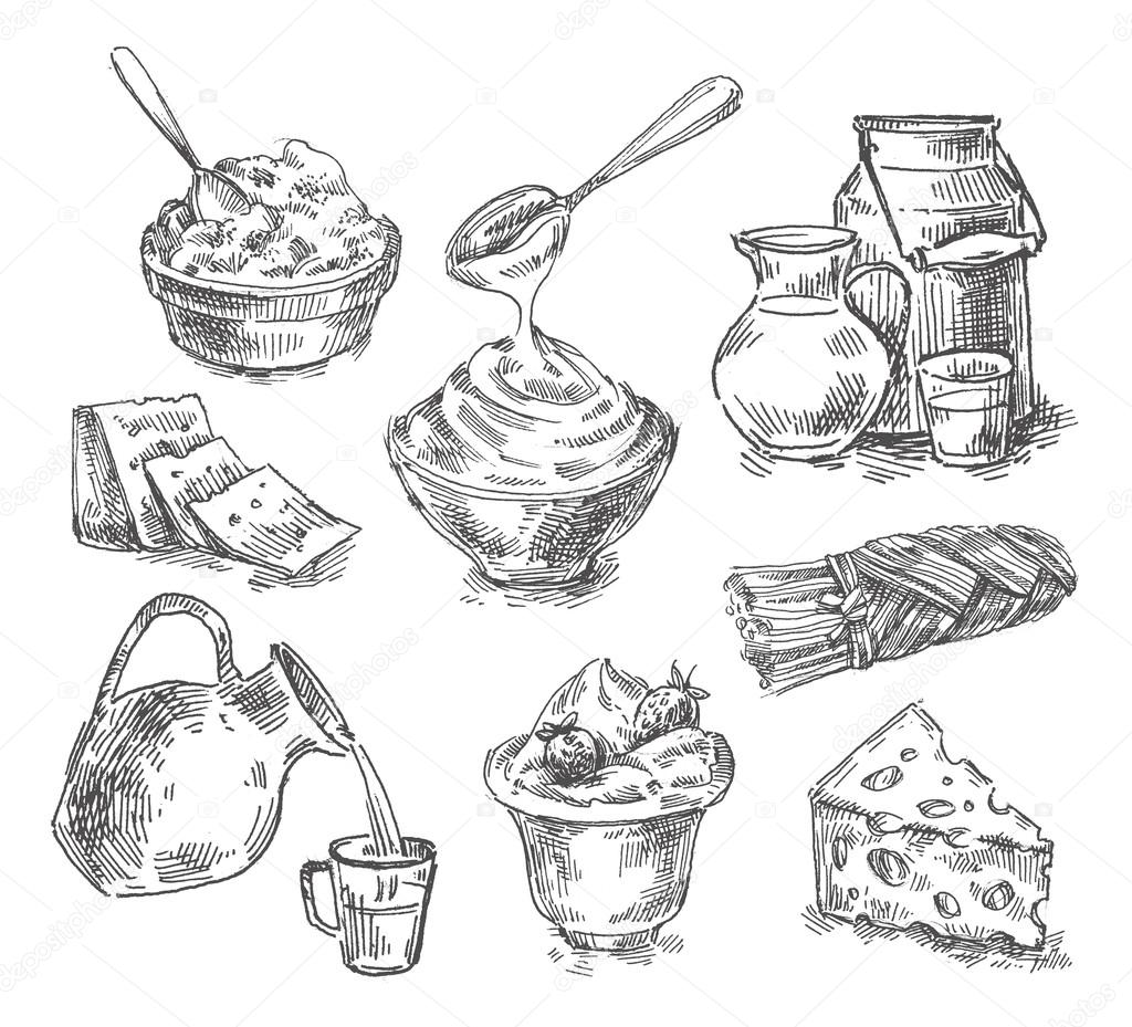 Hand Drawn Dairy Products Farm Cow And Goat Milk Healthy Fresh Product  Butter And Cottage Cheese Yogurt Vintage Sketch Vector Set Stock  Illustration - Download Image Now - iStock