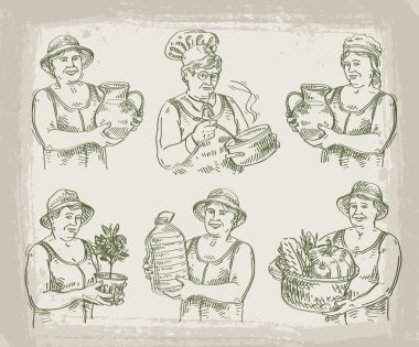 elle çizilmiş kroki kümesi aşçı, aşçı, bahçıvan ve çiftçi. vektör çizim