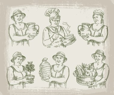 hand drawn sketch set of cook, chef, gardener and farmer. vector illustration clipart