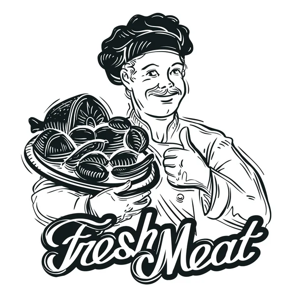Chef desenhado à mão com uma bandeja de carne fresca — Vetor de Stock