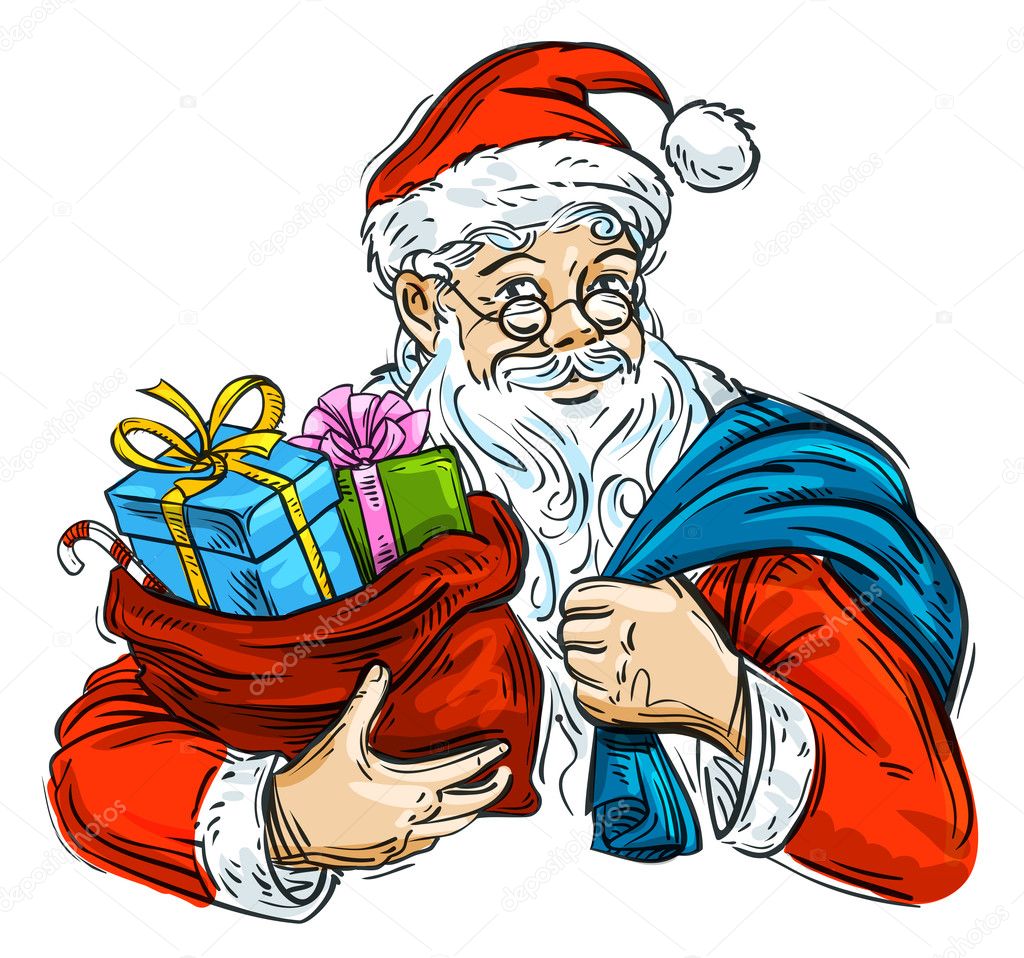 Christmas. Cheerful Santa Claus and bag with gifts