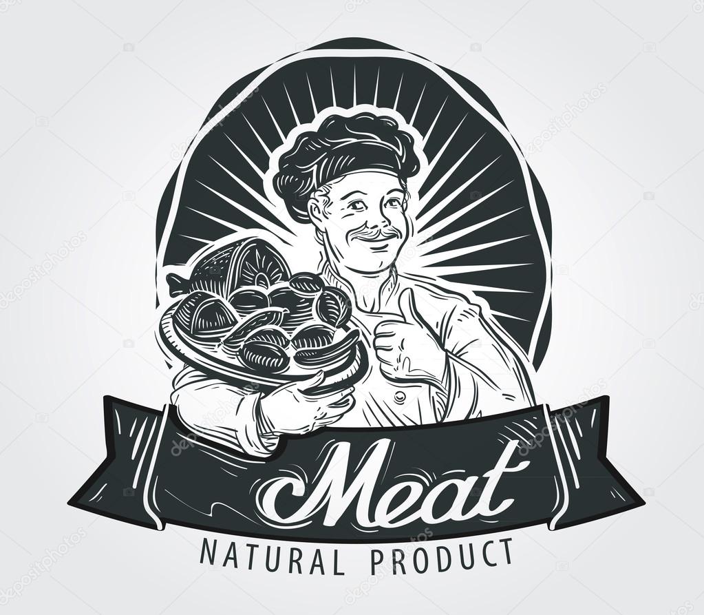 Cook, chef and meat products on a tray. vector illustration