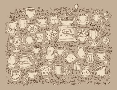 Elle çizilmiş doodle kahve ayarlayın. Vektör çizim