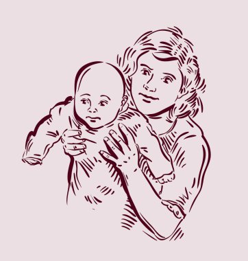 Elle çizilmiş kroki anne ve bebek. Vektör çizim