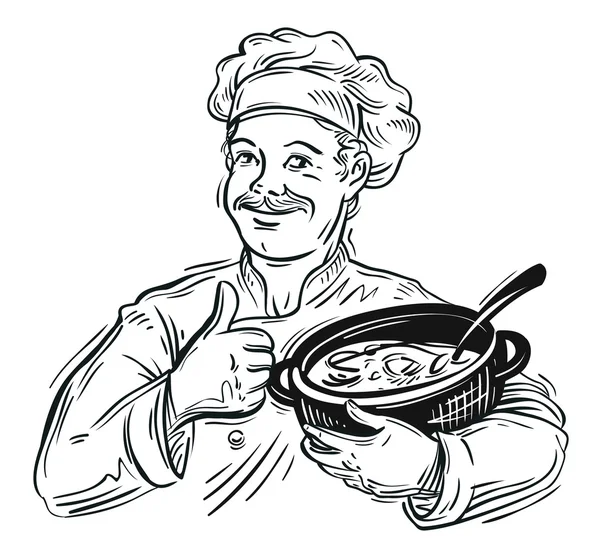 Chef dessiné à la main avec un pot à la main. illustration vectorielle — Image vectorielle