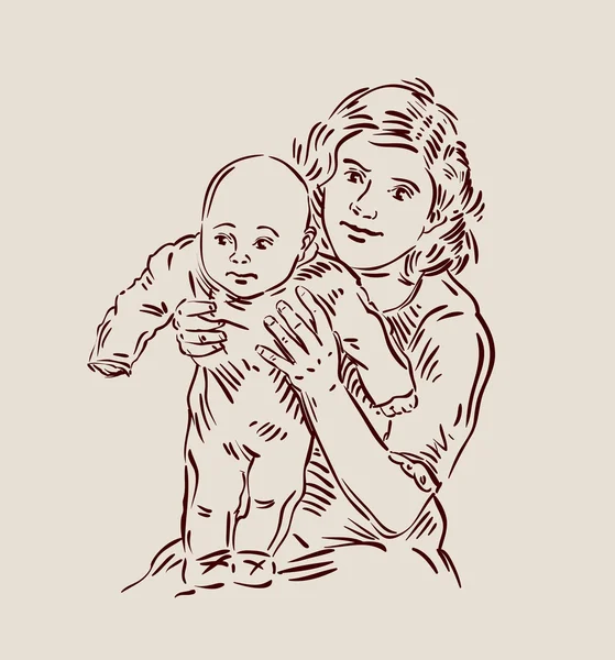 Handgetekende jonge moeder met een baby. schets. vectorillustratie — Stockvector