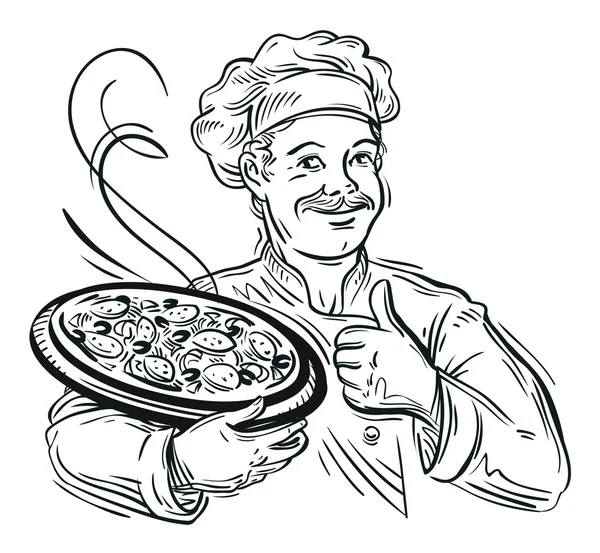 Illustration d'un chef de bande dessinée italien avec une pizza fraîchement cuite — Image vectorielle