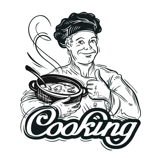 Cuocere con la padella in mano isolato su sfondo bianco — Vettoriale Stock