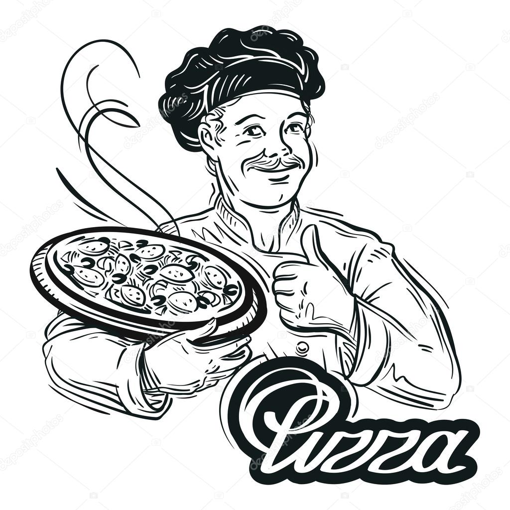 hand-drawn chef with pizza in his hand on a white background