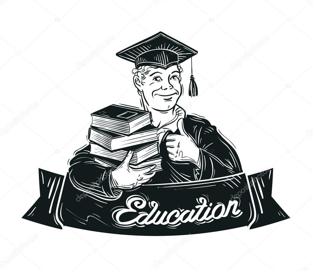 Hand-drawn student with books in hand. vector illustration
