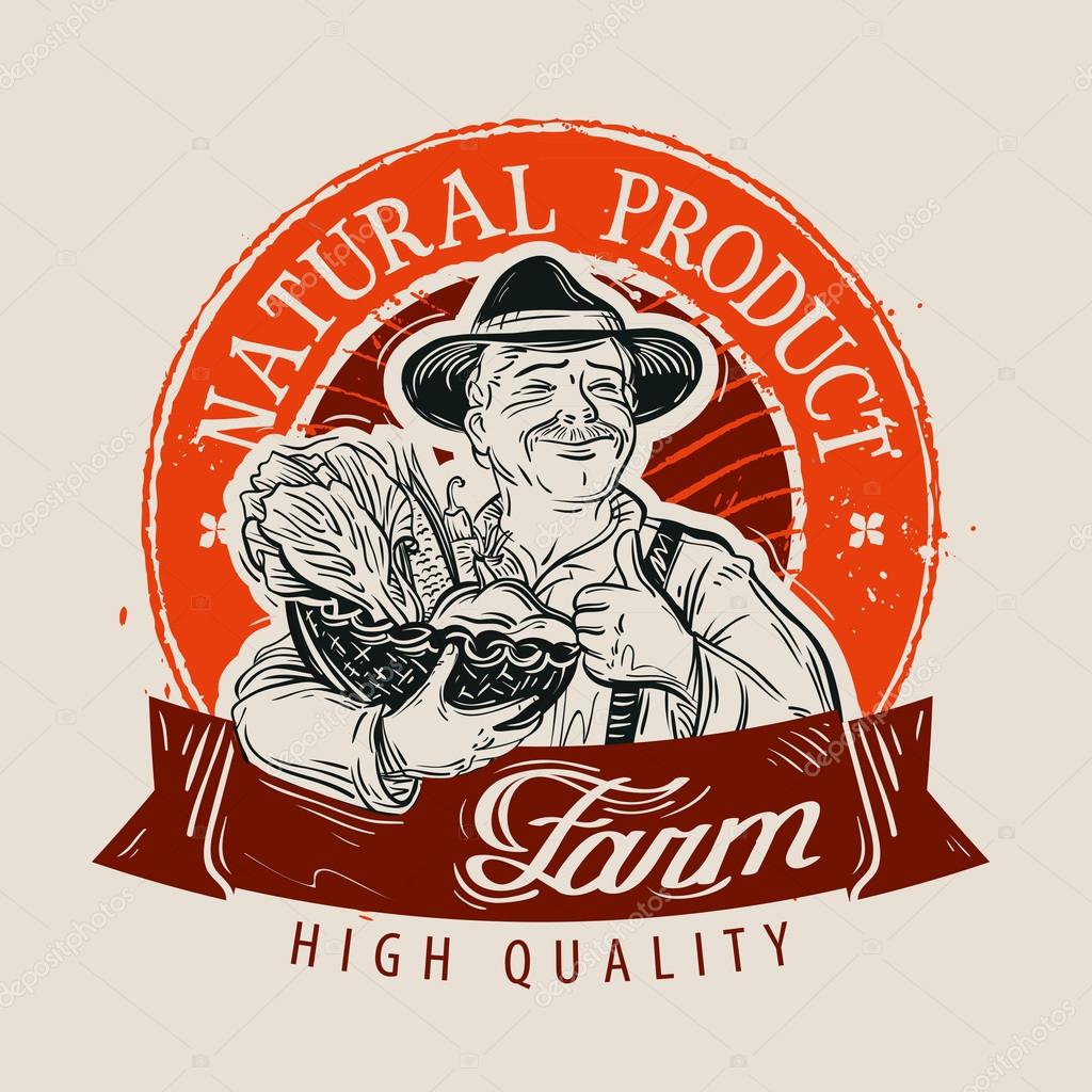 Hand-drawn farmer with a basket of fresh vegetables in hand. vector illustration