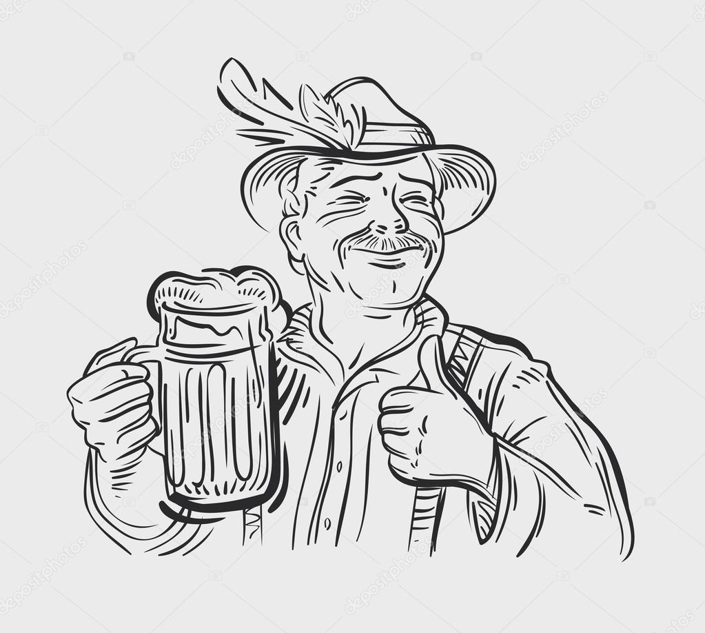 Hand-drawn happy man with a beer in his hand. sketch. vector illustration