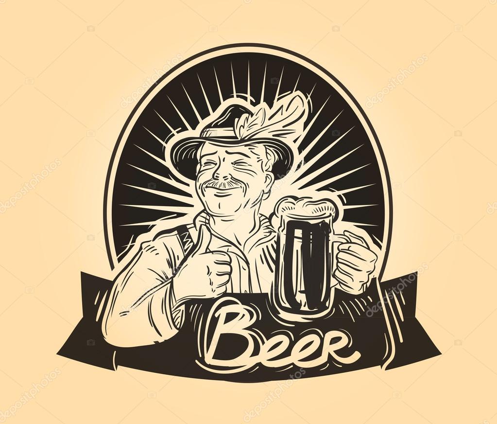 Hand-drawn happy man with a beer in his hand. sketch. vector illustration