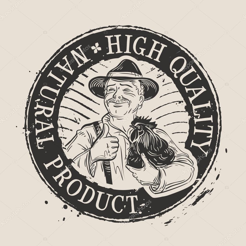 Hand drawn farmer with a chicken in his hand. vector illustration