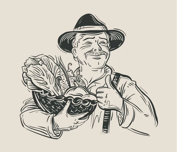 Agricultor y verduras frescas. bosquejo. ilustración vectorial — Archivo Imágenes Vectoriales