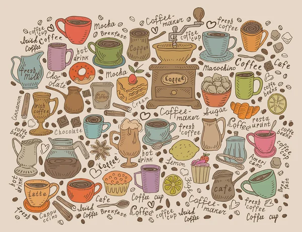 Ručně kreslenou vektorové doodle sada káva — Stockový vektor