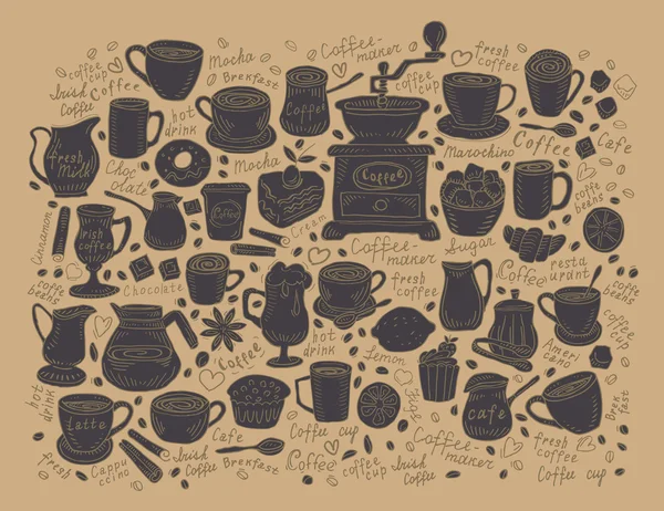 Kaffee- und Tee-Set vorhanden. Doodle. Vektorillustration — Stockvektor