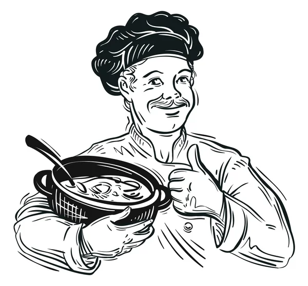 Chef-kok en pot. vectorillustratie — Stockvector