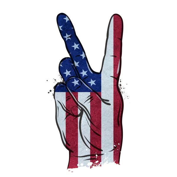 Hand gest seger tecken och Usa flaggan på en vit bakgrund. vektor illustration — Stock vektor