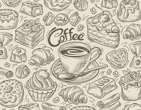 Vecteur dessiné à la main dessert, croquis de café et gribouillage alimentaire — Image vectorielle