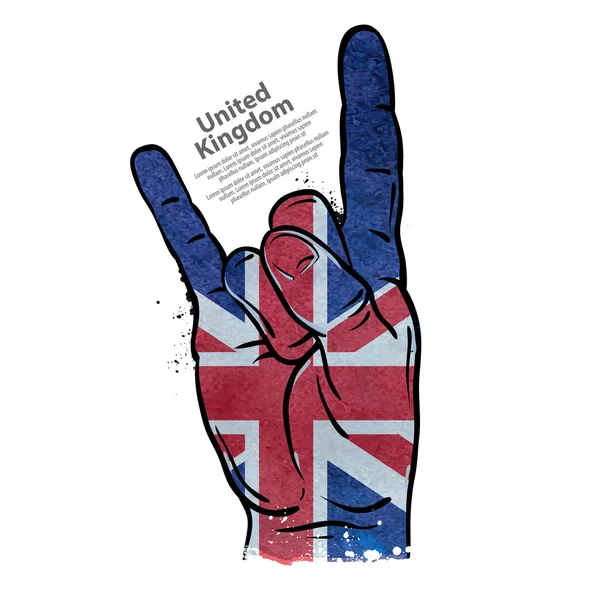 Gesto de la mano fresco, rock and roll. bandera de Inglaterra, Gran Bretaña, Reino Unido. ilustración vectorial — Vector de stock