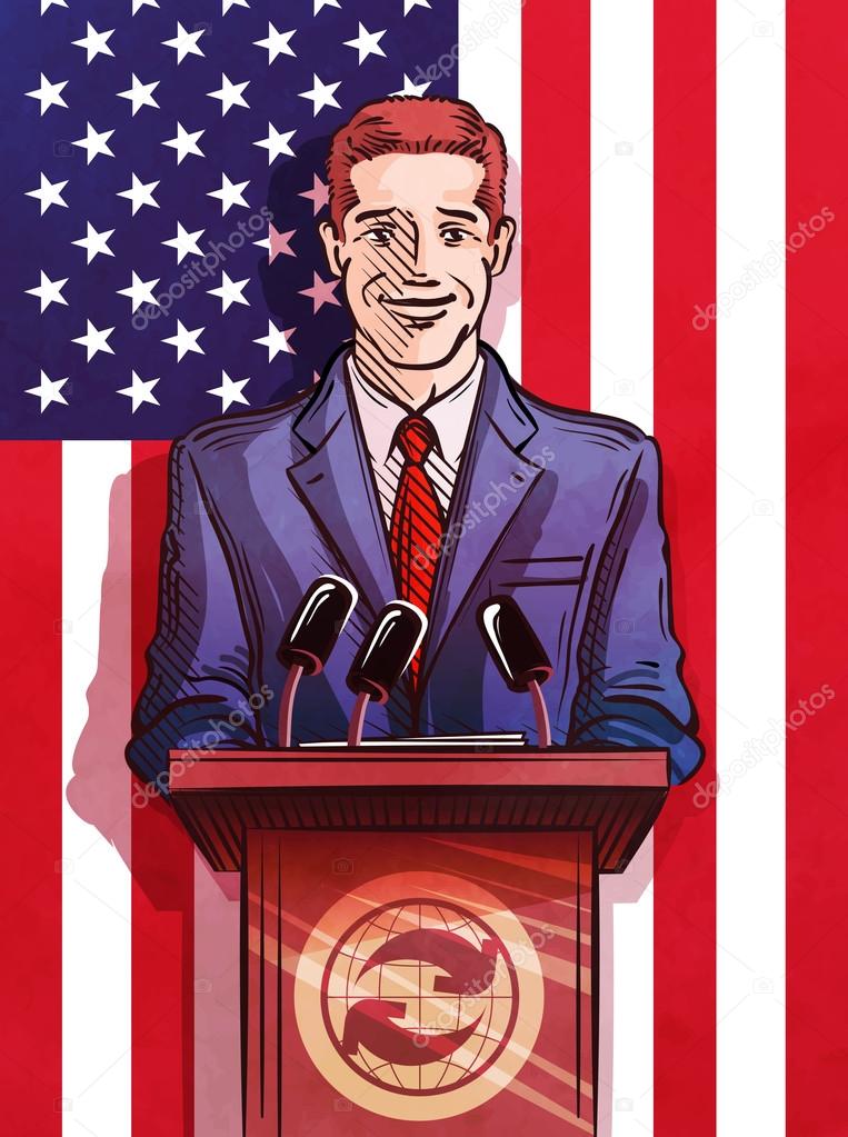 politician behind the podium making the report. vector illustration