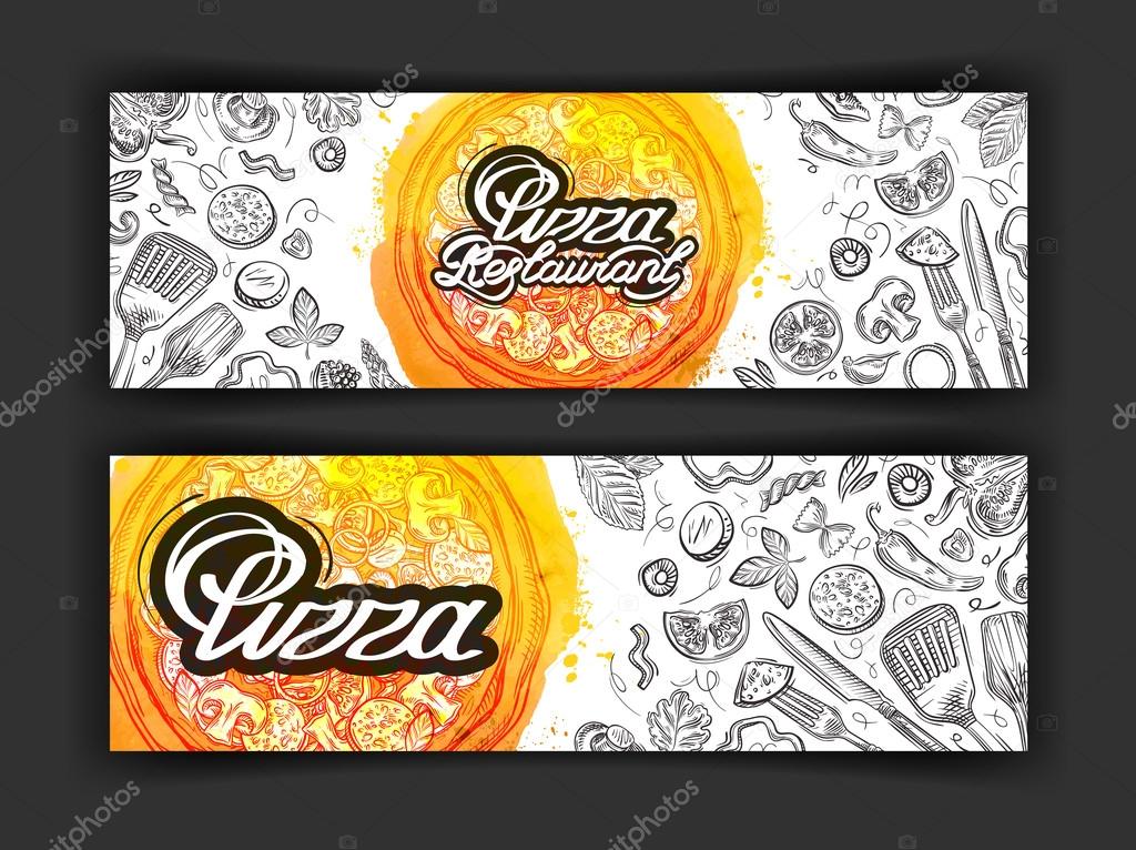 The pizza and food is hand-drawn on a white background