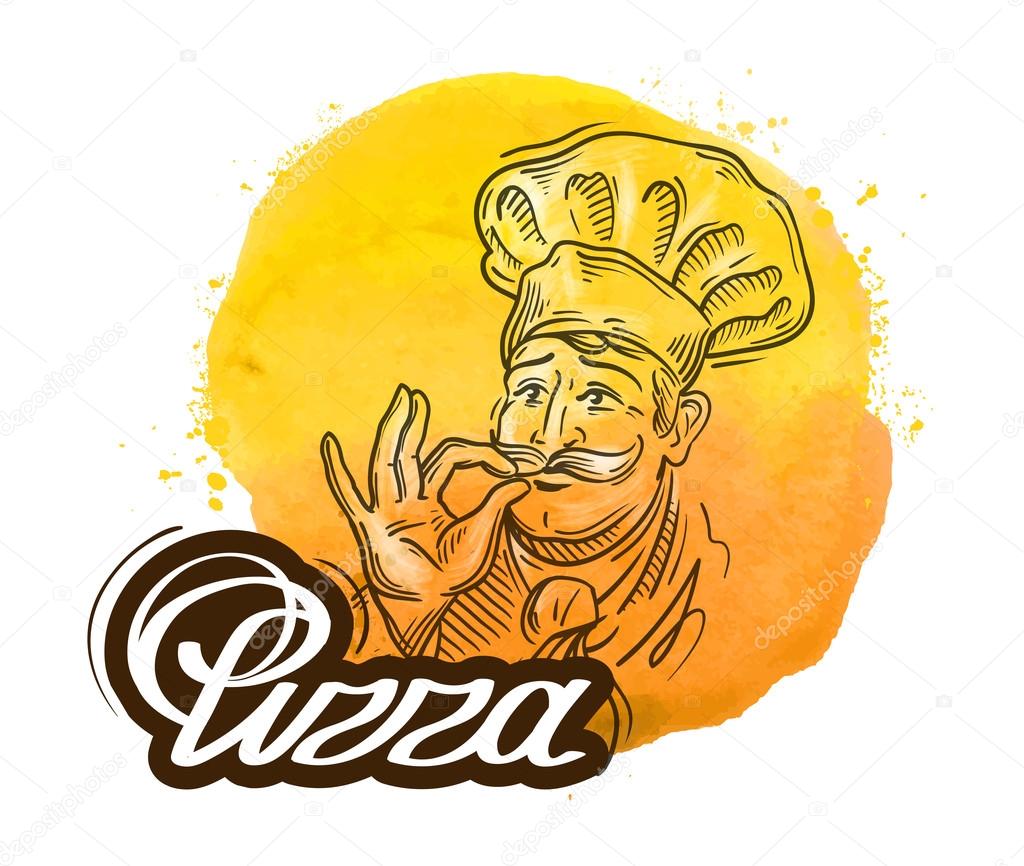 Chef and pizza on a white background. vector illustration