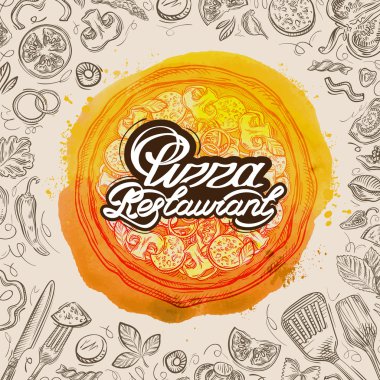 vektör el çekilmiş pizza restoran doodle kroki ve gıda