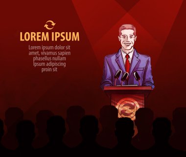 İhale, teklif veya bir basın toplantısı. Kürsüdeki kişi konuşuyor. vektör çizim