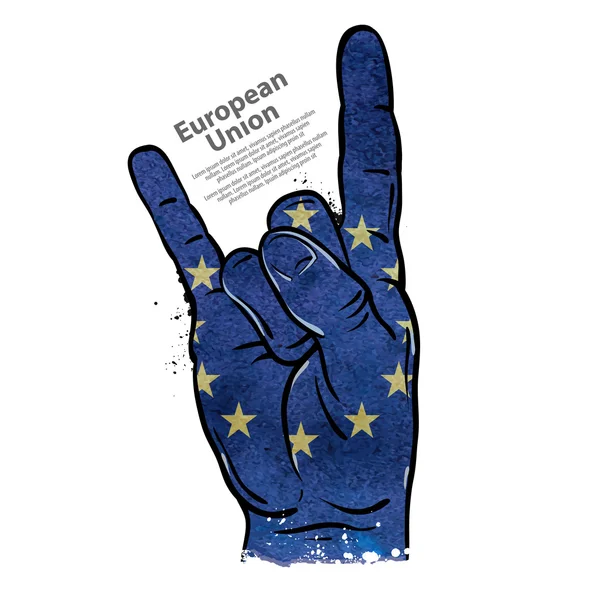 Gesto de la mano fresco, rock and roll. bandera de la Unión Europea. ilustración vectorial — Archivo Imágenes Vectoriales