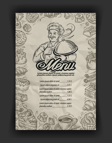 Vector hand getekende menu restaurant schets en chef-kok, food doodle — Stockvector